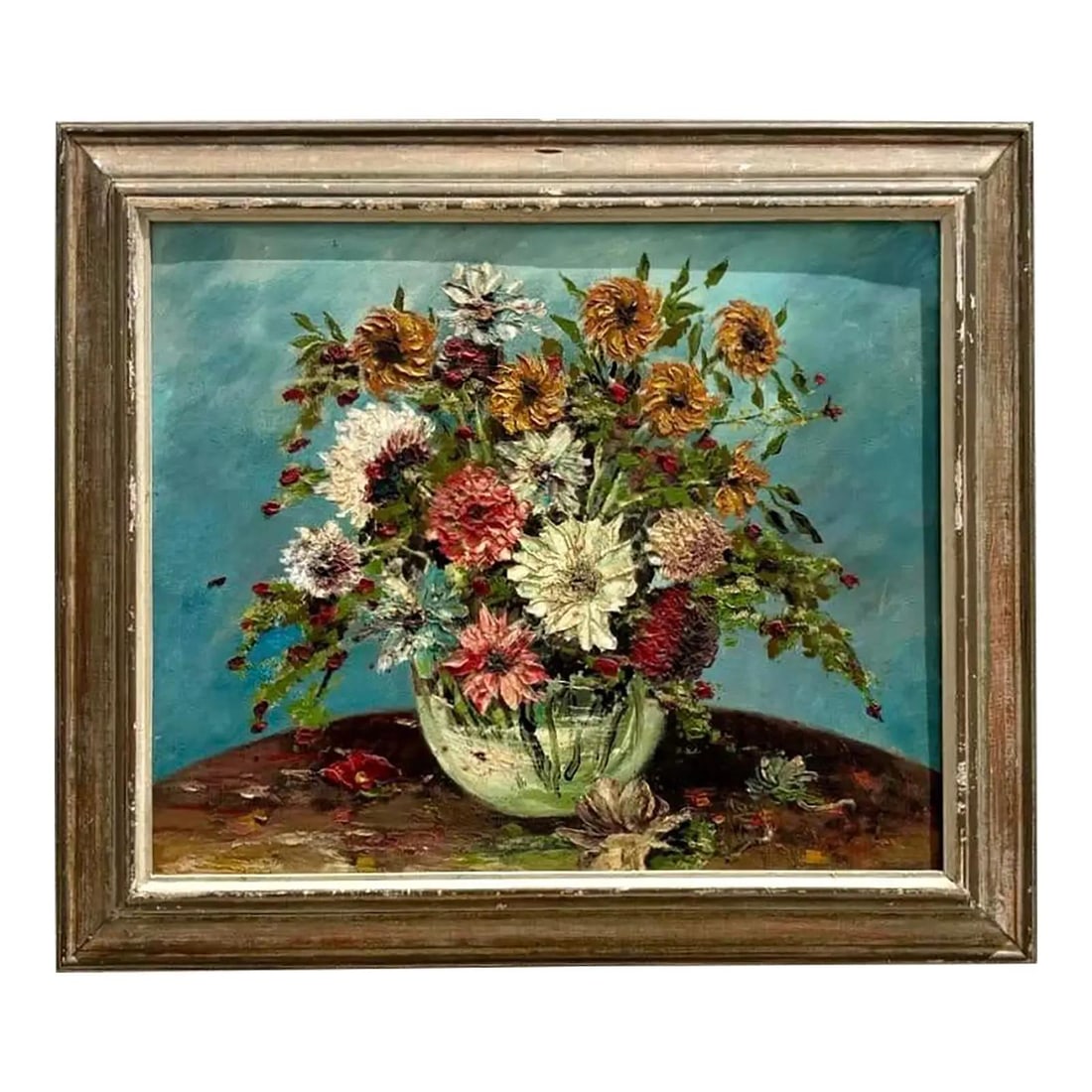 Impasto Still Life Floral Canvas Painting with Dahlias and Chrysanthemums (1 of 5)