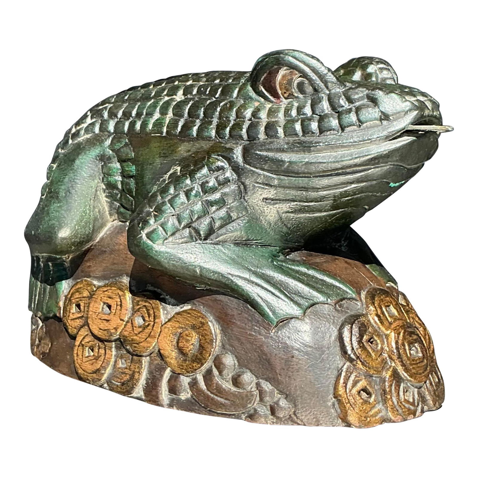 Vintage Boho Hand-Carved Wooden Frog Sculpture with Floral Motifs (1 of 10)