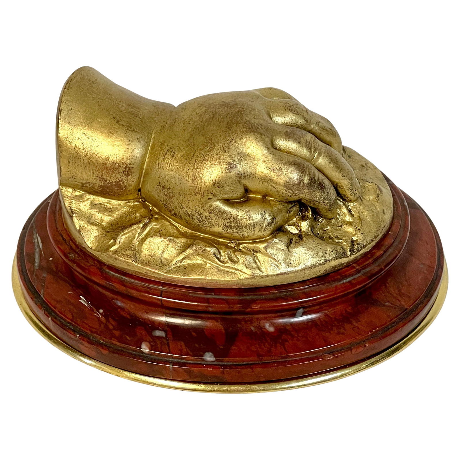 19th Century French Gilt Bronze Resting Hand Sculpture Barbedienne: 19th Century French Gilt Bronze Resting Hand Sculpture Barbedienne This exquisite 19th century French gilt bronze model of a resting hand, attributed to the renowned F. Barbedienne Foundry, showcases