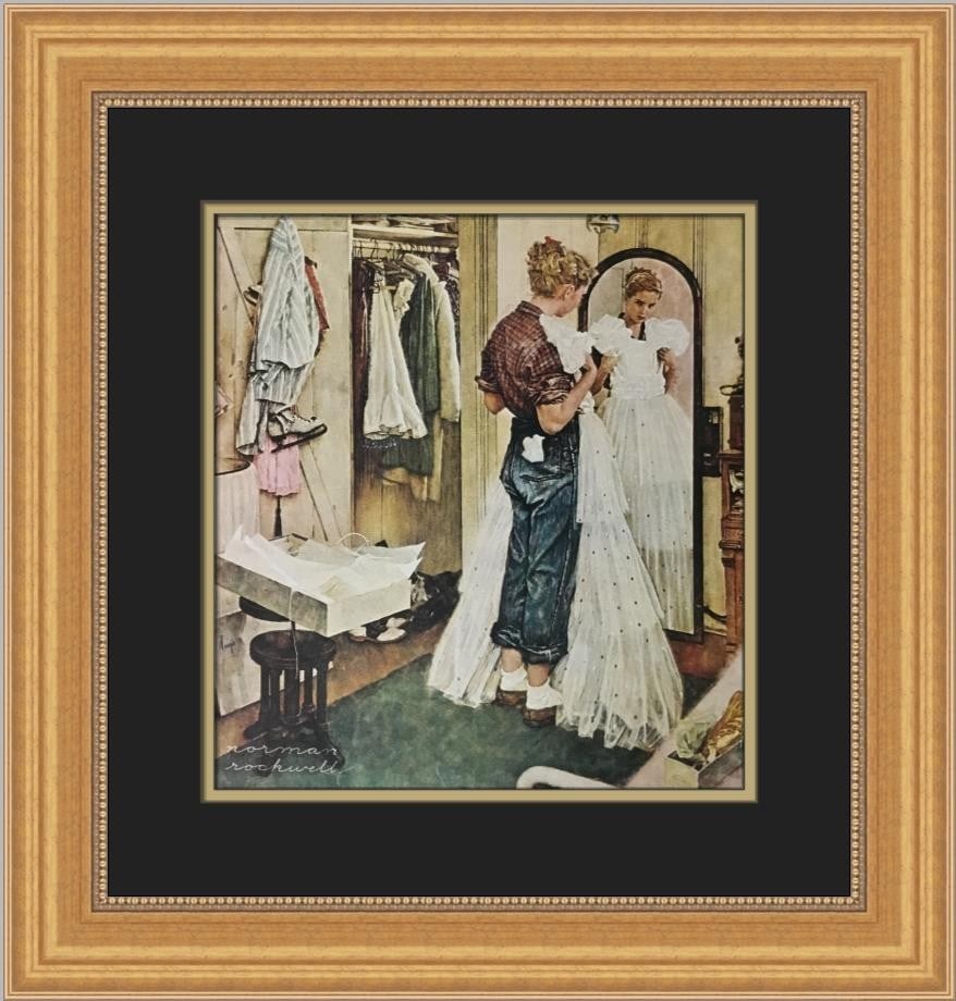 Norman Rockwell The Prom Dress Custom Framed Art Print 1975: Norman Rockwell The Prom Dress Custom Framed Art Print 1975 This stunning custom framed print titled 'The Prom Dress' by renowned artist Norman Rockwell captures the essence of Americana. Created in 1
