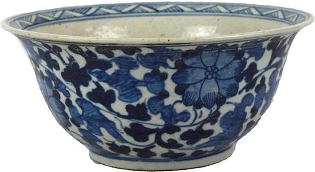 Chinoiserie Ink Blue Ceramic Bowl Flower Vine Design 15x15 (1 of 2)