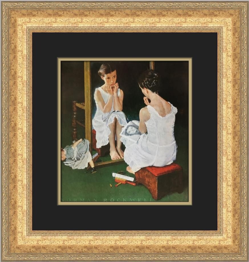 Norman Rockwell Girl at the Mirror Custom Framed Print 18x18: Norman Rockwell Girl at the Mirror Custom Framed Print 18x18 This exquisite custom framed print titled "Girl at the Mirror" by renowned artist Norman Rockwell captures a moment of reflection and intro