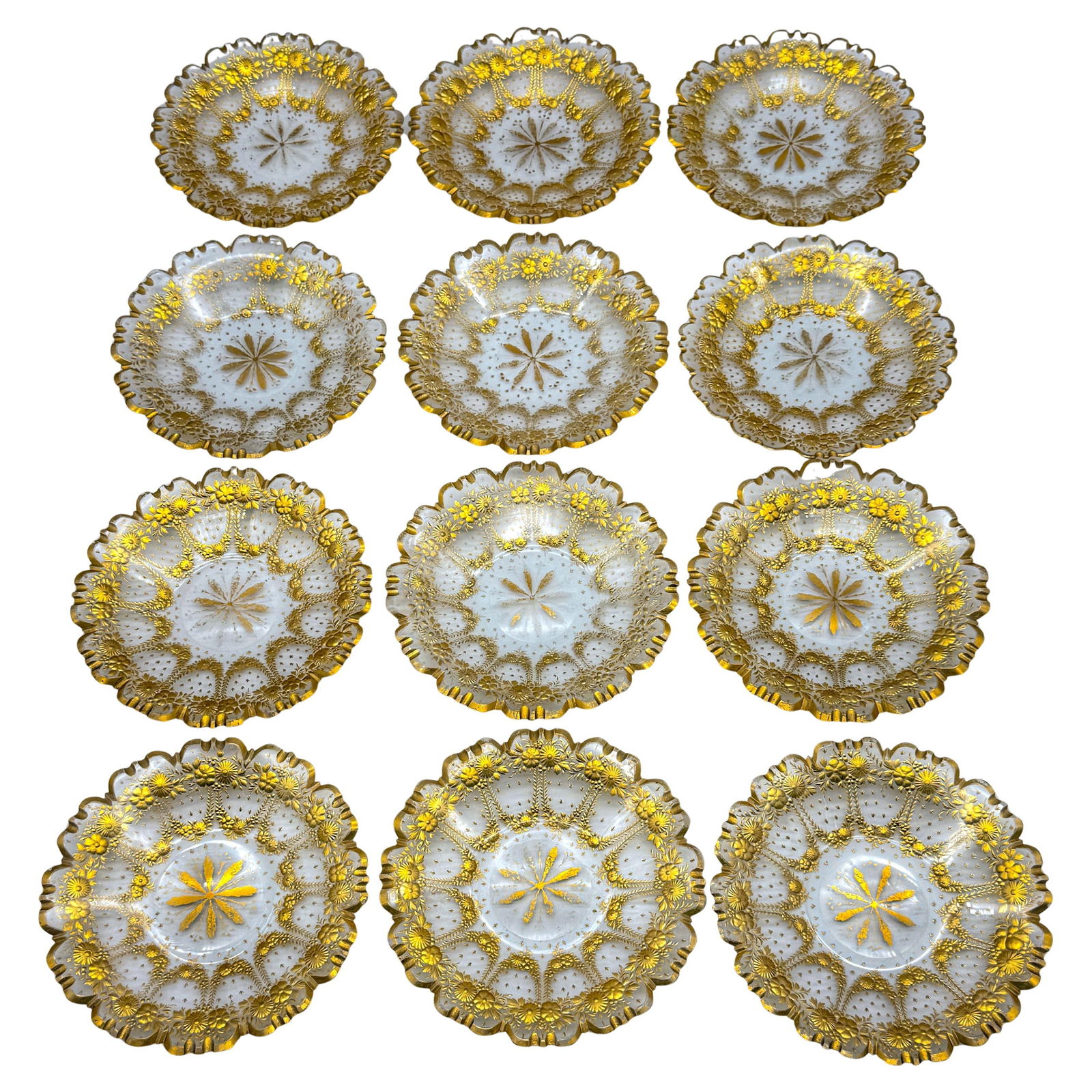 Set of 12 Antique Belle Epoque Cut Crystal Dessert Plates: Set of 12 Antique Belle Epoque Cut Crystal Dessert Plates This exquisite set of twelve Belle Epoque cut glass and gilt dessert plates, dating from circa 1890-1910, showcases the artistry of late 19th-