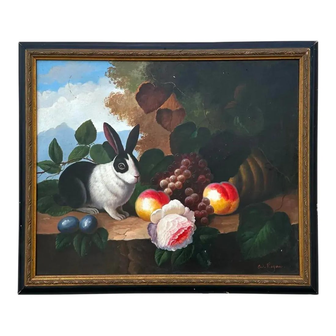 Still Life Oil Painting with Rabbit Fruit and Flowers on Canvas (1 of 4)