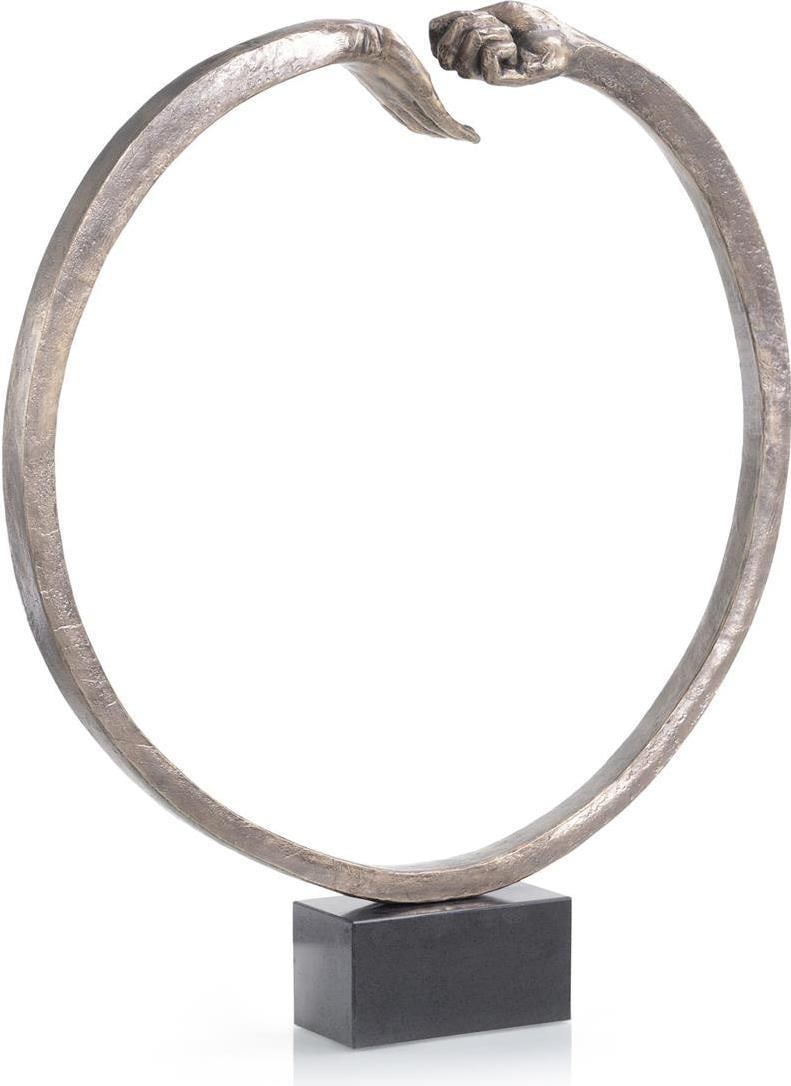 John-Richard Aged Silver Eternity Hands Sculpture on Black Marble Base: John-Richard Aged Silver Eternity Hands Sculpture on Black Marble Base This stunning sculpture titled 'Eternity Hands' by John-Richard features a contemporary design in an aged silver finish. It is be