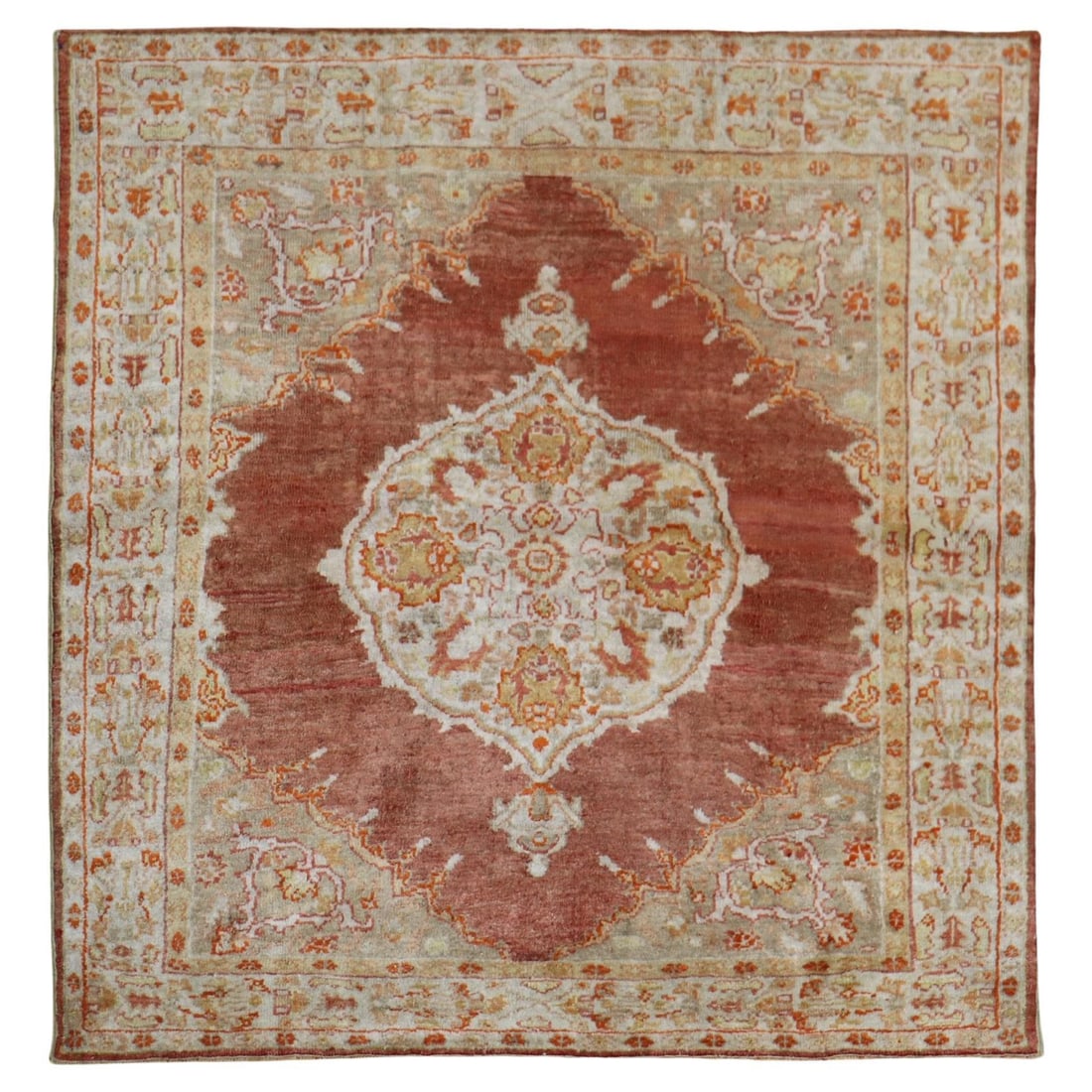 Zabihi Collection Antique Turkish Oushak Rug 4'6 x 4'7 Angora Wool: Zabihi Collection Antique Turkish Oushak Rug 4'6 x 4'7 Angora Wool Discover the exquisite beauty of this Antique Square Turkish Oushak Rug, a stunning piece from the early 20th century, circa 1910. Th