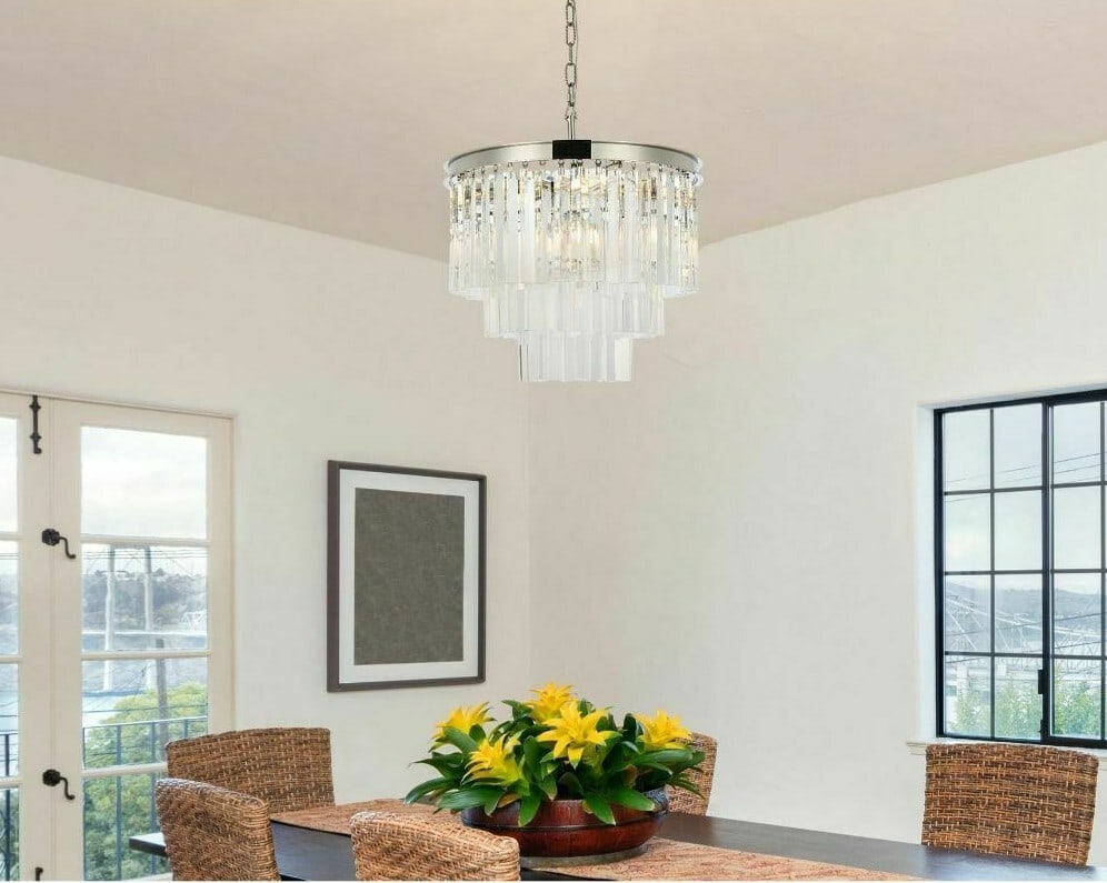 Sydney 9-Light Polished Nickel Crystal Chandelier 20 Inch Modern Design: Sydney 9-Light Polished Nickel Crystal Chandelier 20 Inch Modern Design Elevate your space with this stunning Crystal Chandelier featuring a polished nickel finish. Designed in a modern style, this ch