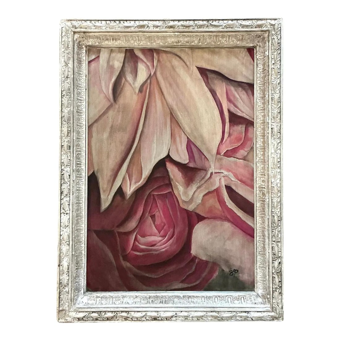 Vintage Floral Oil Painting on Canvas by BP '89 in Ornate Frame: Vintage Floral Oil Painting on Canvas by BP '89 in Ornate Frame Introduce timeless elegance to your space with this exquisite vintage original oil painting on canvas. This enchanting artwork features