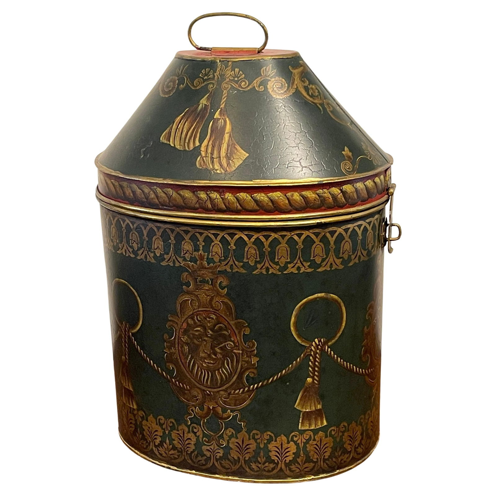 Antique English Regency Lion Motif Tole Box Circa 1900s: Antique English Regency Lion Motif Tole Box Circa 1900s This Antique English Regency Style Lion Motif Oval Tole Box is a stunning piece from the early 20th century, featuring a vibrant hand-painted de