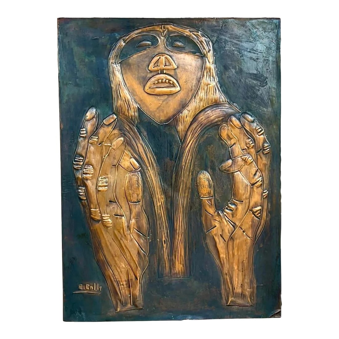 Vintage Signed Hand Hammered Copper Face Panel 22.75x31.25 (1 of 9)