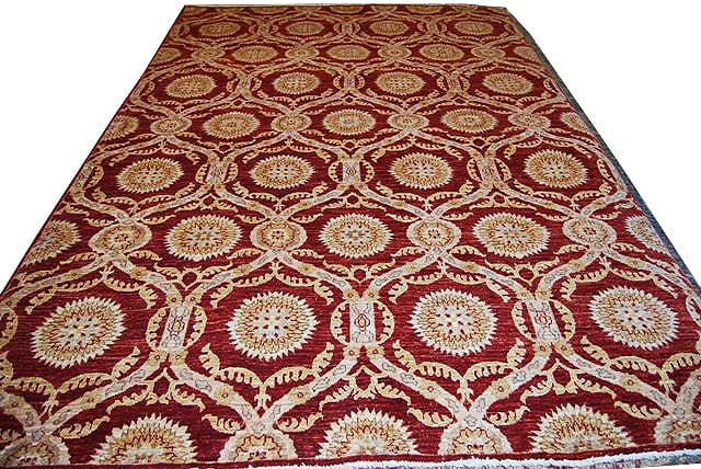 6'2" x 8'7" Chobi Peshawar Hand-Knotted Rug Natural Wool Burgundy Green (1 of 2)