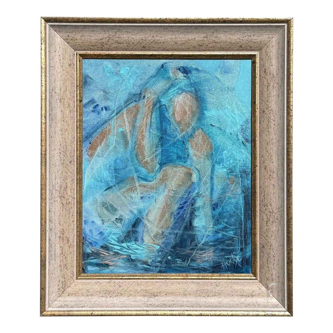 Abstract Blue Figurative Oil Painting on Canvas in Boho Style: Abstract Blue Figurative Oil Painting on Canvas in Boho Style This vintage boho abstract figurative oil painting features the impression of a crouched figure rendered in translucent blue oil paint.