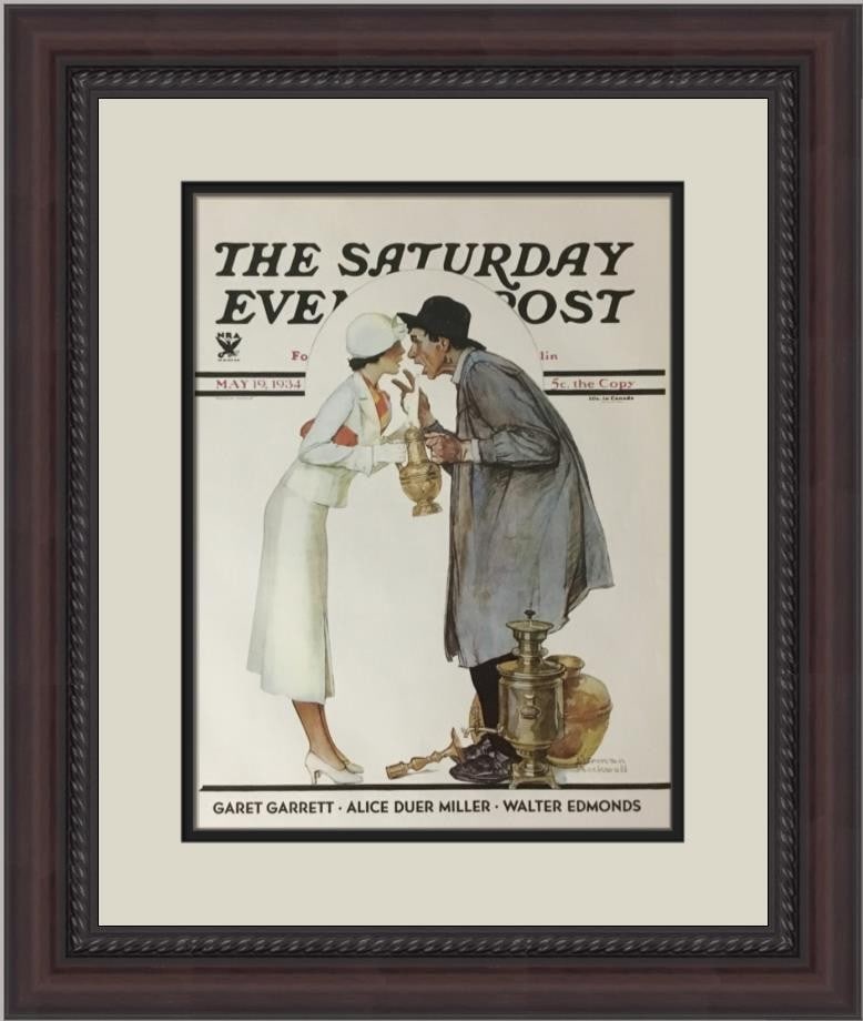 Norman Rockwell Antique Dealer Custom Framed Print 1979: Norman Rockwell Antique Dealer Custom Framed Print 1979 This exquisite custom framed print by Norman Rockwell, titled "Antique Dealer," beautifully captures the essence of Americana. Produced in