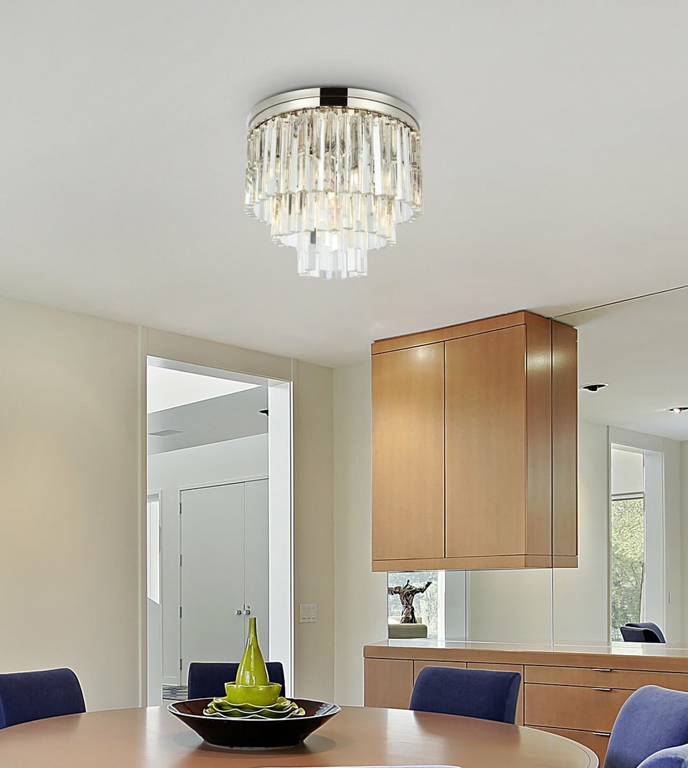 Sydney 9-Light 20 Inch Crystal Flush Mount Ceiling Fixture Polished Nickel: Sydney 9-Light 20 Inch Crystal Flush Mount Ceiling Fixture Polished Nickel This contemporary flush mount chandelier features a polished nickel frame with royal cut clear crystal accents. Designed for