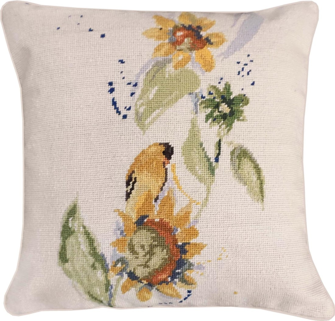 Goldfinch Needlepoint Pillow 18x18 Arts and Crafts Handmade: Goldfinch Needlepoint Pillow 18x18 Arts and Crafts Handmade This exquisite 18x18 needlepoint pillow showcases a charming goldfinch perched on a sunflower, beautifully crafted in the Arts and Crafts st