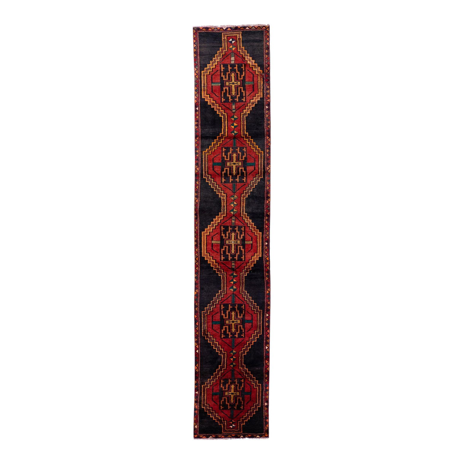 1960s Persian Heriz Handmade Wool Runner Red Medallion 2'7 x 14' (1 of 7)