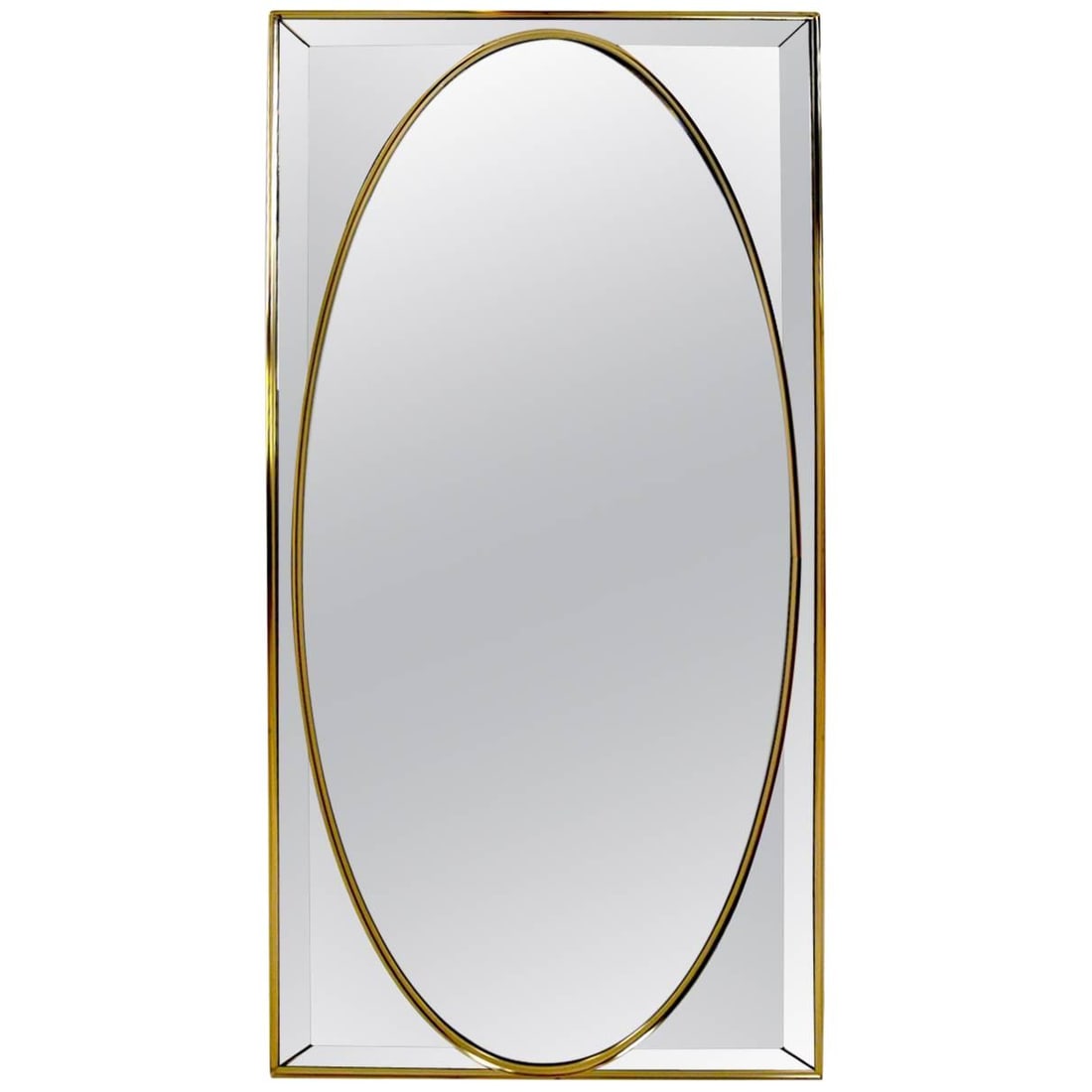 Elegant Labarge Mirror on Mirror with Brass Trim 24.5x52.5: Elegant Labarge Mirror on Mirror with Brass Trim 24.5x52.5 This stunning decorative mirror features a unique mirror-on-mirror design, showcasing an oval mirror elegantly positioned atop a rectangular