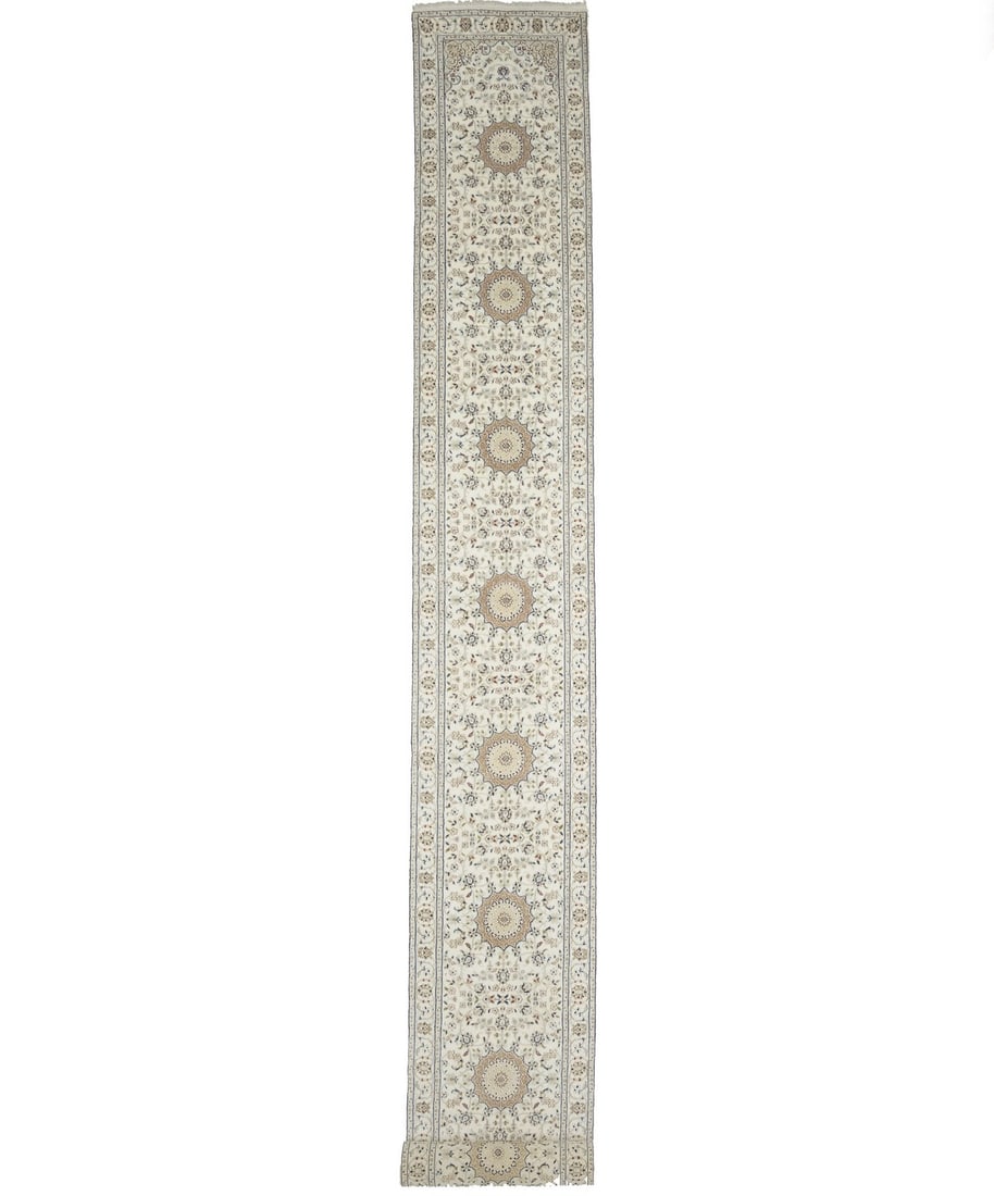 Palatial Indo-Nain Floral Medallion Hand-Knotted Runner Rug 2'6 x 22'8 Wool Silk: Palatial Indo-Nain Floral Medallion Hand-Knotted Runner Rug 2'6 x 22'8 Wool Silk Enhance your space with this exquisite Palatial Indo-Nain Oriental Runner Rug featuring a stunning floral medallion des