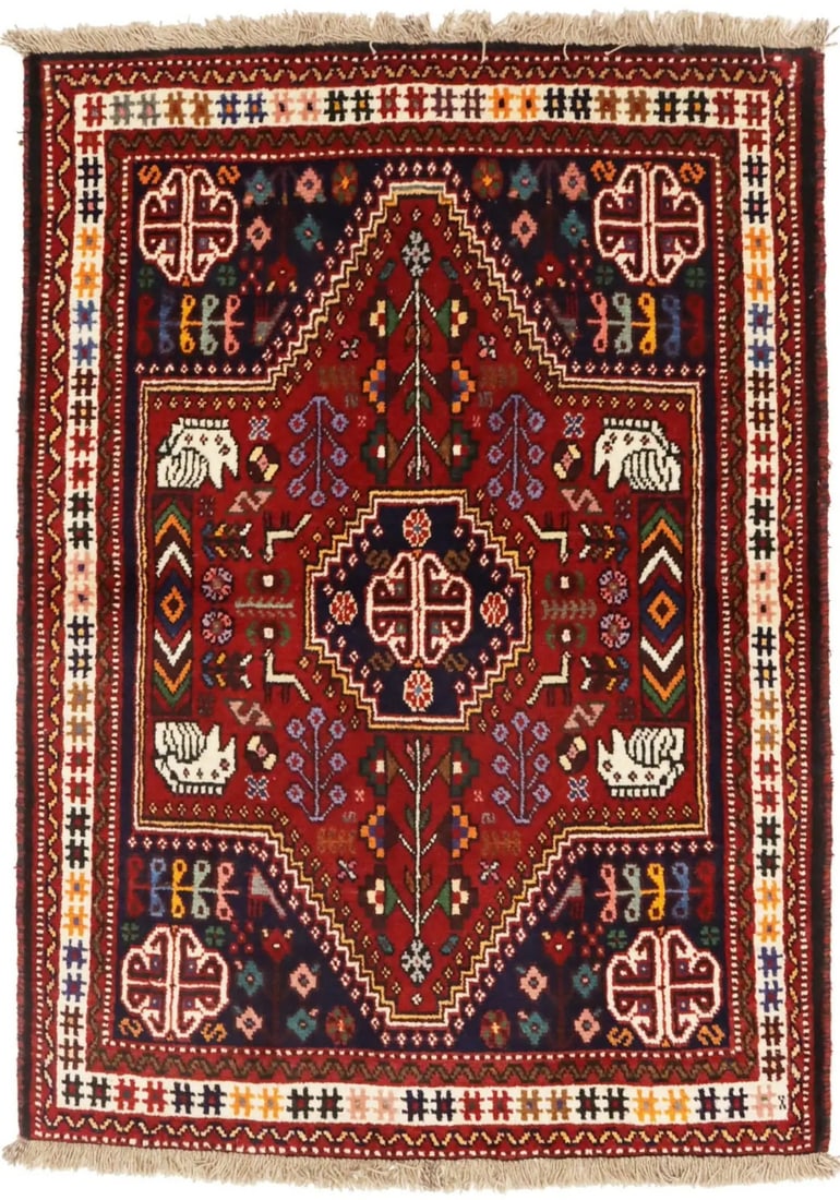 Handmade Wool Red Tribal Equestrian Area Rug 3'4 x 4'7 ft: Handmade Wool Red Tribal Equestrian Area Rug 3'4 x 4'7 ft Enhance your living space with this exquisite Handmade Wool Red Tribal Oriental Rug, featuring a captivating equestrian design. Measuring 3'4"