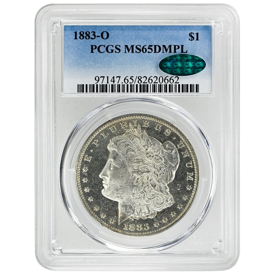 PCGS MS65DMPL CAC 1883-O Morgan Silver Dollar From New Orleans Mint: PCGS MS65DMPL CAC 1883-O Morgan Silver Dollar From New Orleans Mint This 1883-O Morgan Dollar is an uncirculated silver coin minted in New Orleans. It features a deep mirror proof-like strike and has