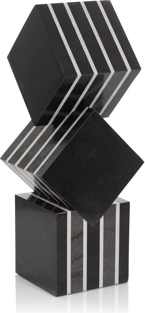 John-Richard Black Marble Decorative Cube Sculpture 19.5H with White Stripes (1 of 1)