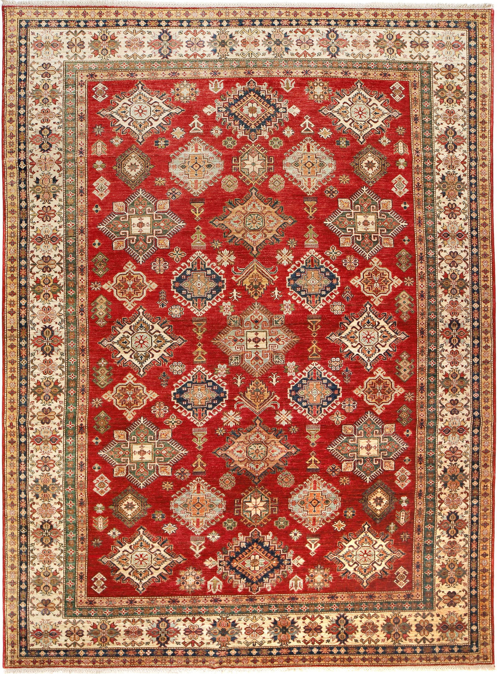 9 x 12.5 Super Kazak Hand-Knotted Wool Area Rug Red Ivory Green Blue (1 of 9)