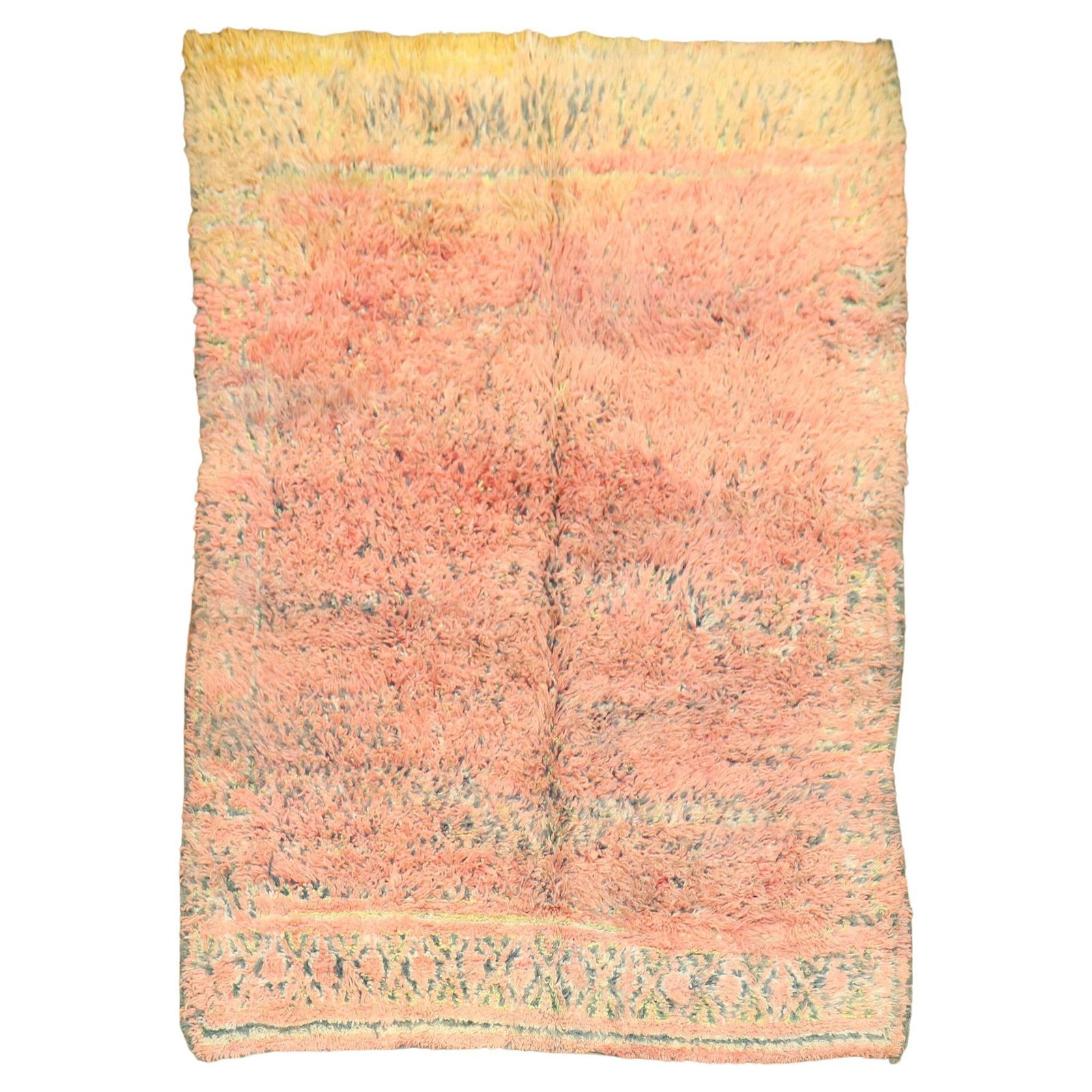 Vibrant Pink Yellow Midcentury Moroccan Hand-Woven Rug 78 x 109: Vibrant Pink Yellow Midcentury Moroccan Hand-Woven Rug 78 x 109 This striking midcentury Moroccan rug features a vibrant bright pink and yellow color palette, showcasing the essence of Bohemian style.