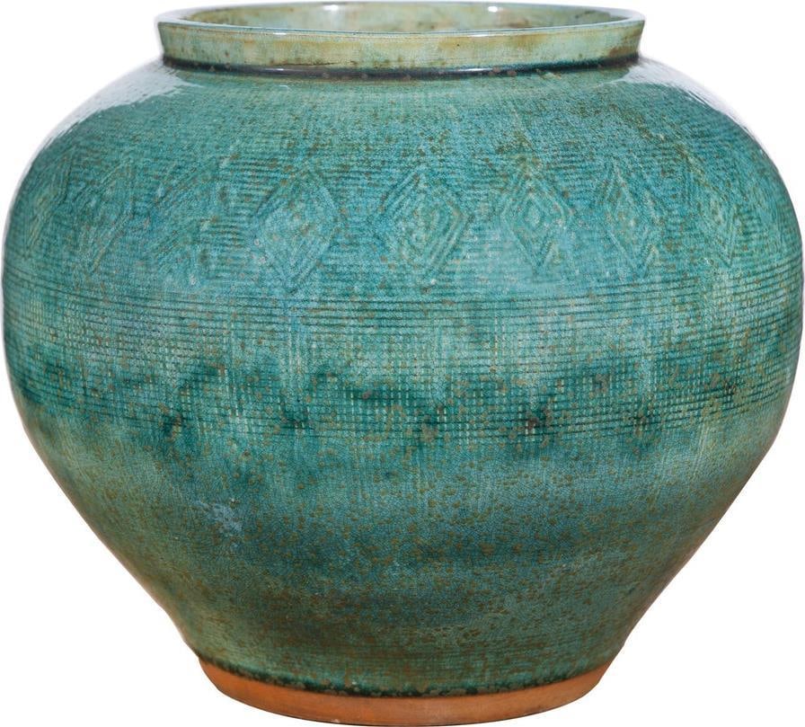 Handcrafted Green Plaid Ceramic Jar Rustic Style 10H 10.5W 10.5D (1 of 3)