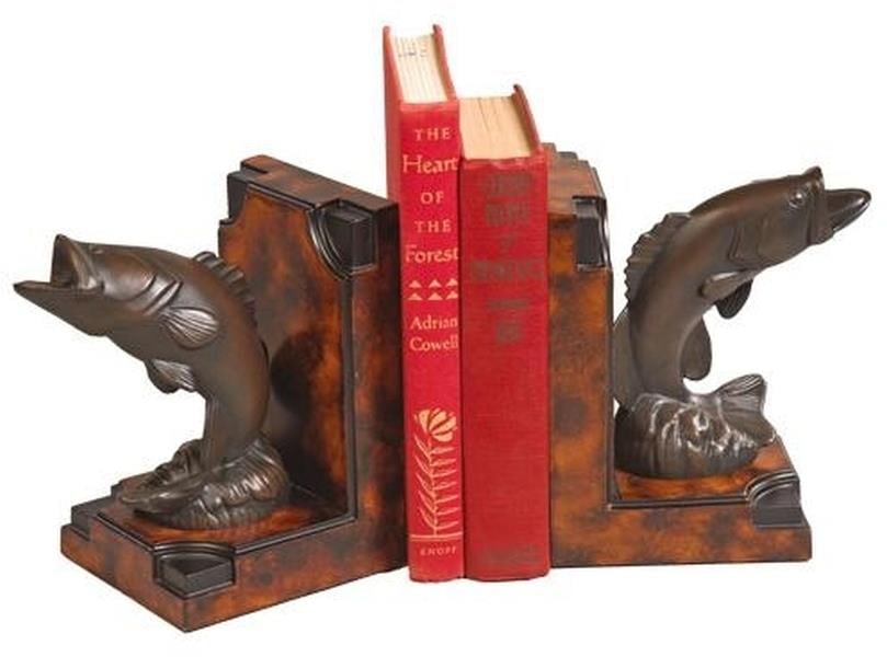 Hand-Painted Lodge Style Bookends with Jumping Bass Design: Hand-Painted Lodge Style Bookends with Jumping Bass Design Enhance your decor with these charming Hand-Painted Lodge Bookends featuring a delightful jumping bass, perfect for any fishing enthusiast. E