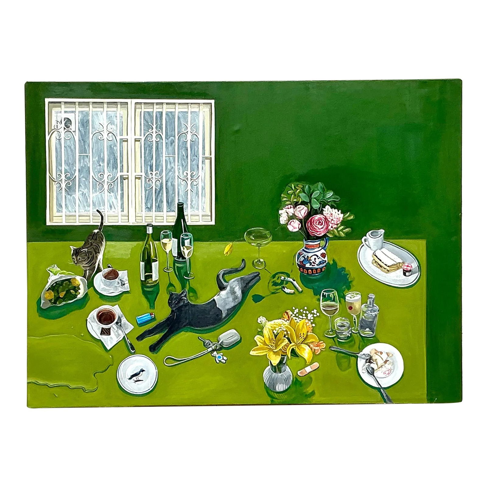 Vintage Boho Canvas Art 'Table Manners' with Cats and Florals 60x48 (1 of 10)