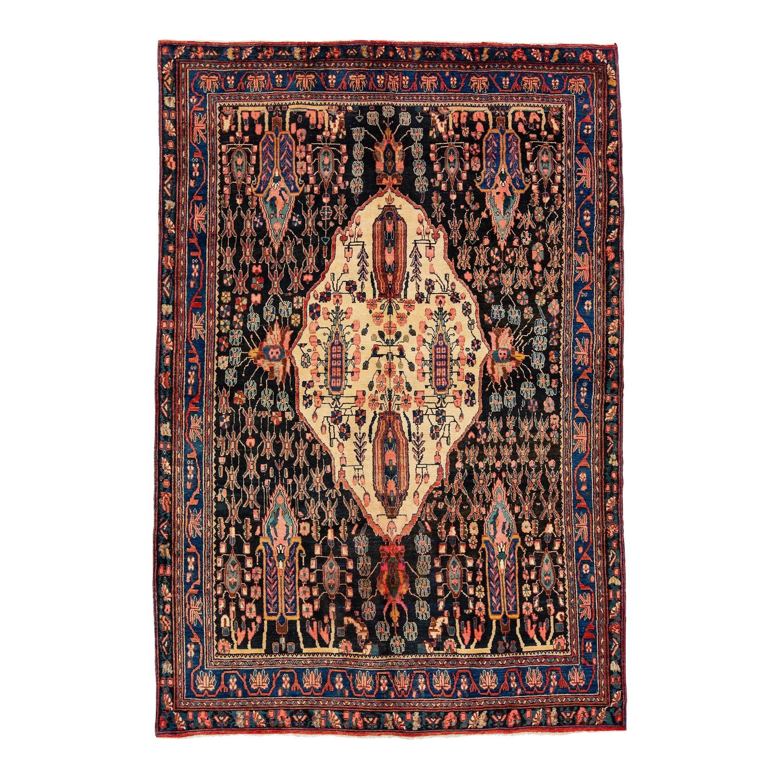 1960s Vintage Persian Bidjar Wool Rug Ink Blue Medallion Design: 1960s Vintage Persian Bidjar Wool Rug Ink Blue Medallion Design This stunning vintage Persian Bidjar rug features a beautifully hand-knotted design with a prominent beige medallion pattern. Crafted fr