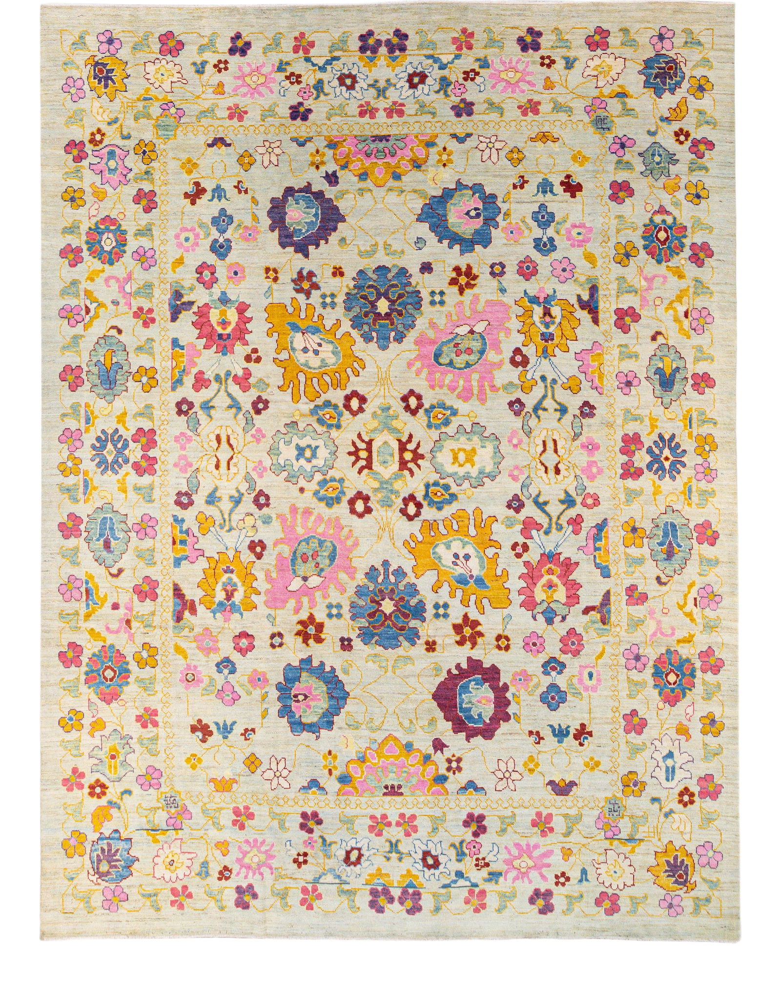 Handmade Modern Oushak Beige Floral Wool Rug 12' x 15'10 (1 of 10)