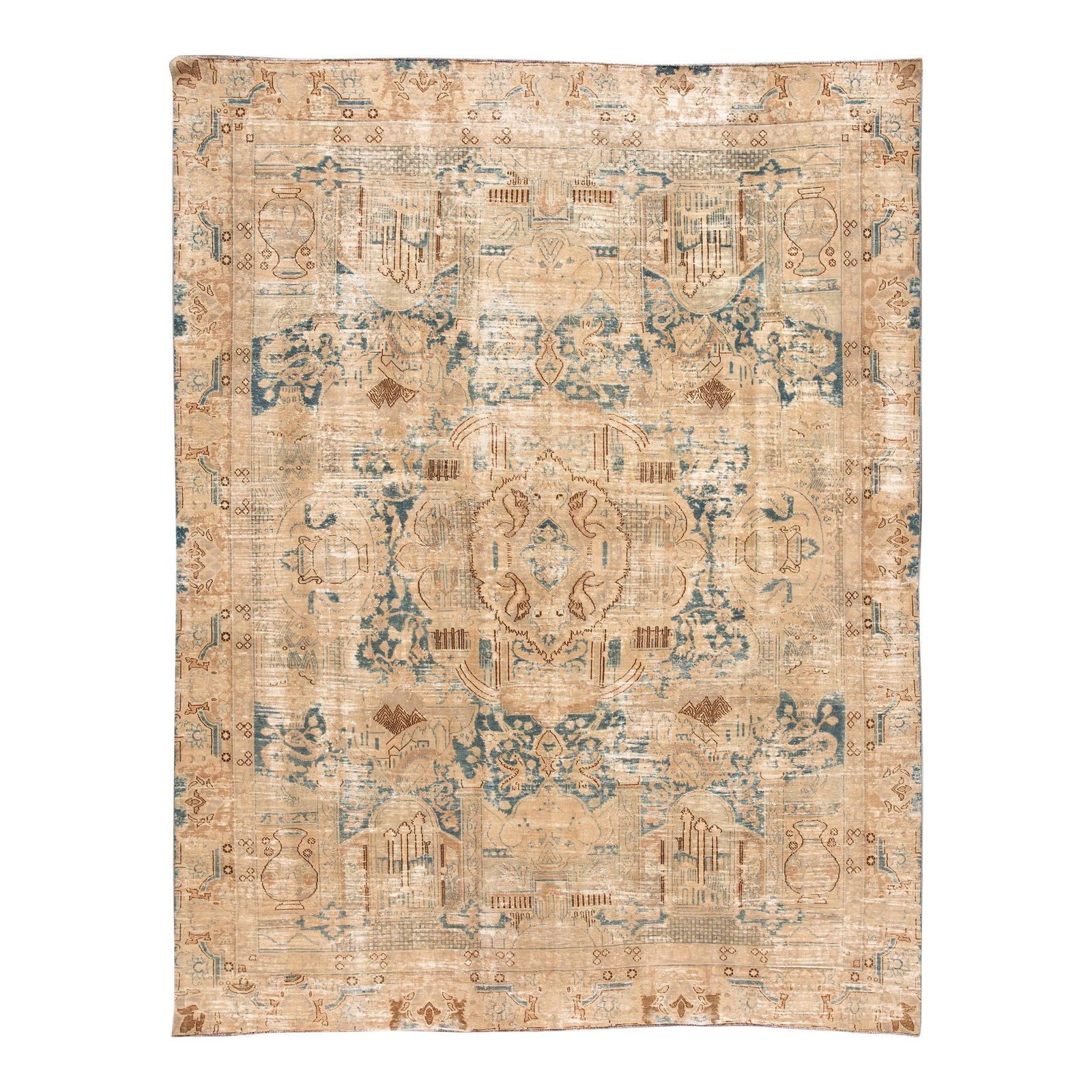 Vintage Persian Handmade Distressed Wool Rug 9 x 11'09 Medallion Design: Vintage Persian Handmade Distressed Wool Rug 9 x 11'09 Medallion Design Enhance your living space with this stunning vintage Persian distressed hand-knotted wool rug. Featuring a warm beige field acce