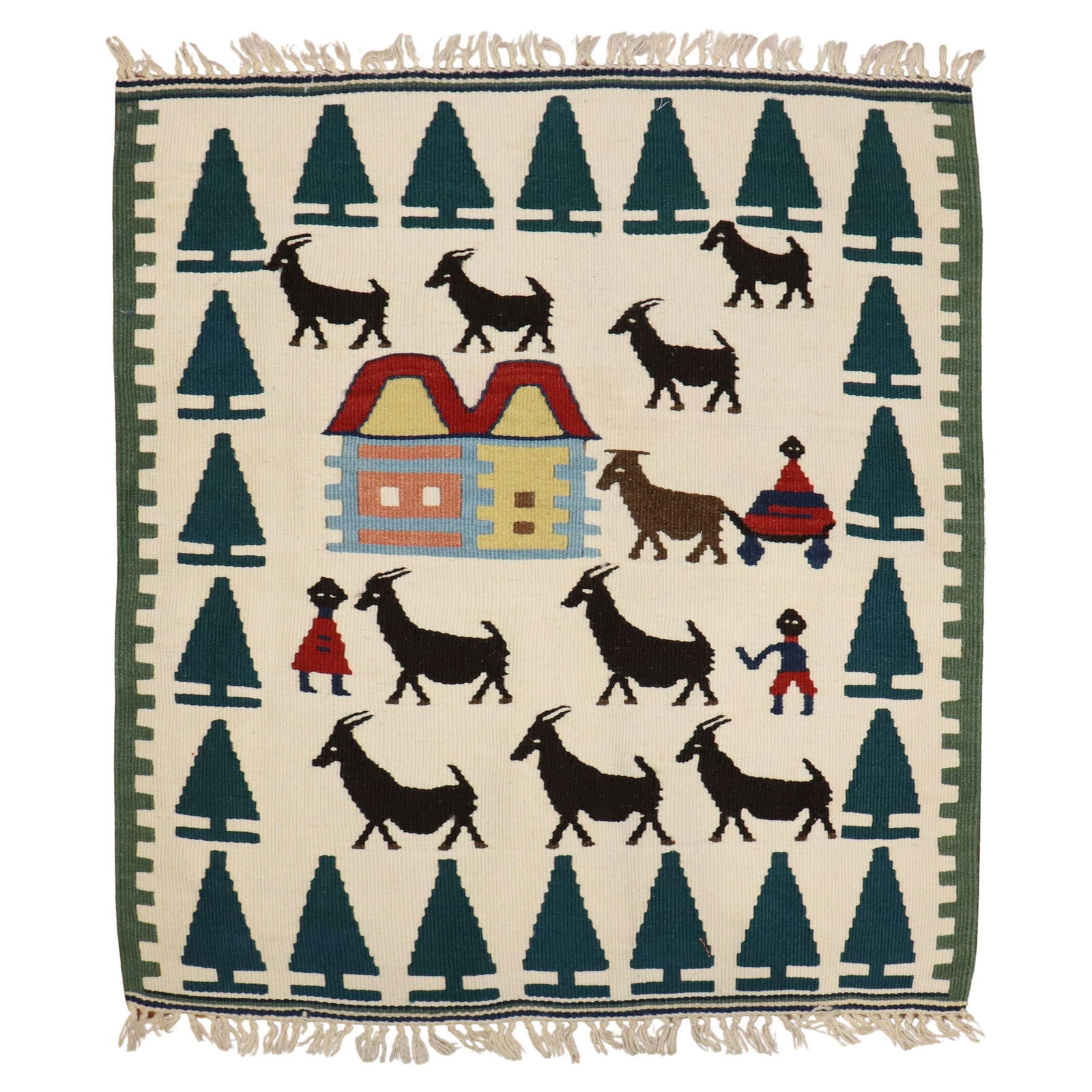 Zabihi Collection Mini Square Turkish Kilim Wool Hand-Knotted 29x30: Zabihi Collection Mini Square Turkish Kilim Wool Hand-Knotted 29x30 Discover the exquisite artistry of the Zabihi Collection with this pictorial Turkish kilim. This late 20th-century mini square rug i