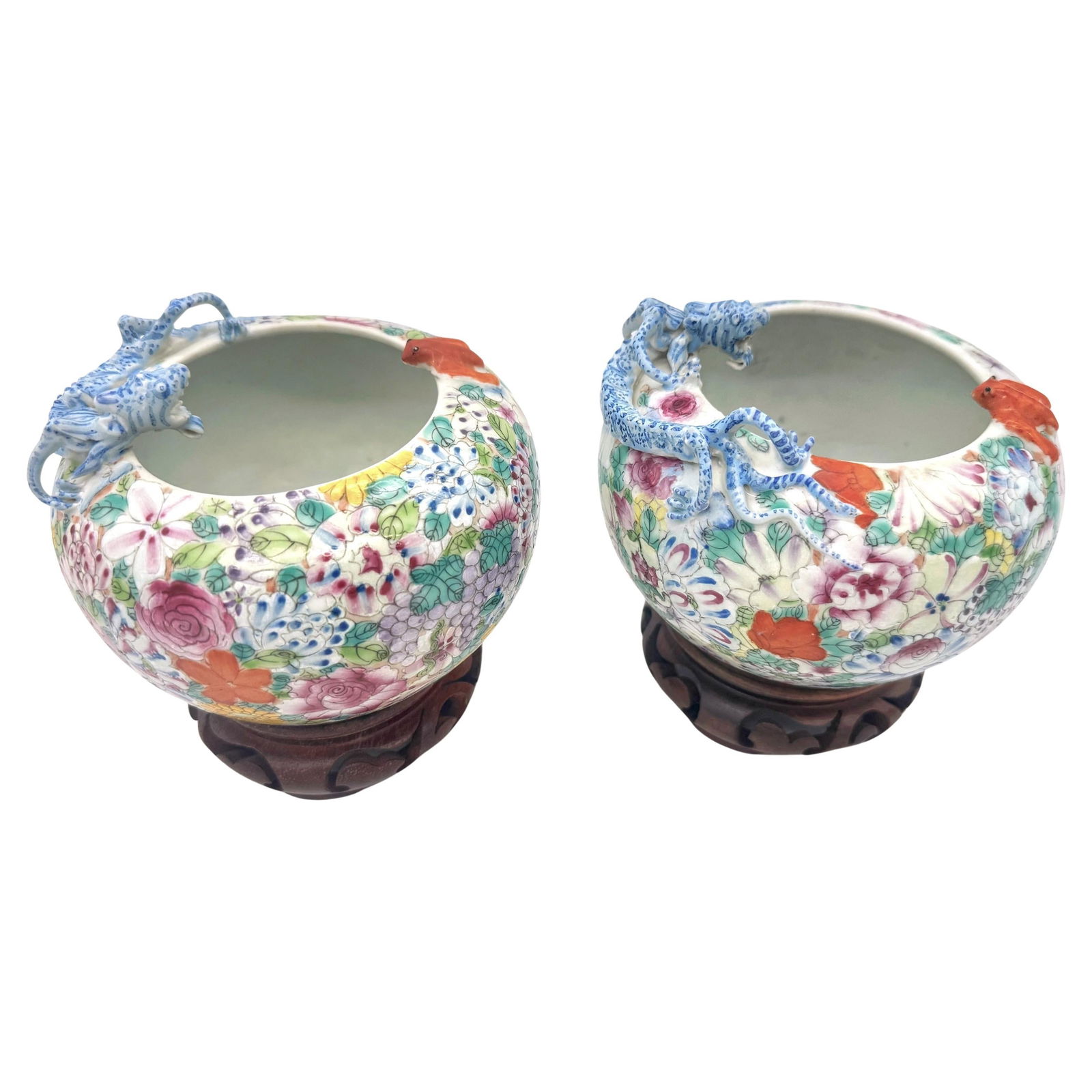 Set of 2 Chinese Thousand Flowers Porcelain Vases with Hardwood Stands (1 of 9)