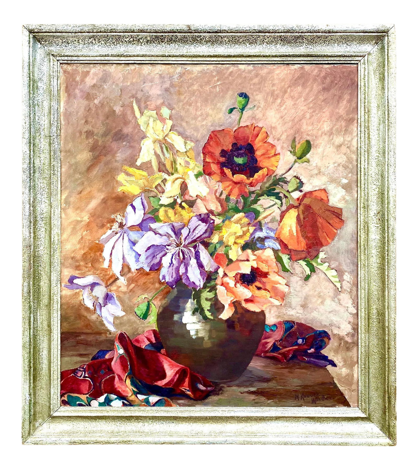 Midcentury Floral Oil Painting Signed from Palm Beach Estate: Midcentury Floral Oil Painting Signed from Palm Beach Estate This stunning vintage floral oil painting is a true midcentury gem, showcasing deep, rich colors that bring life to any space. Signed by th