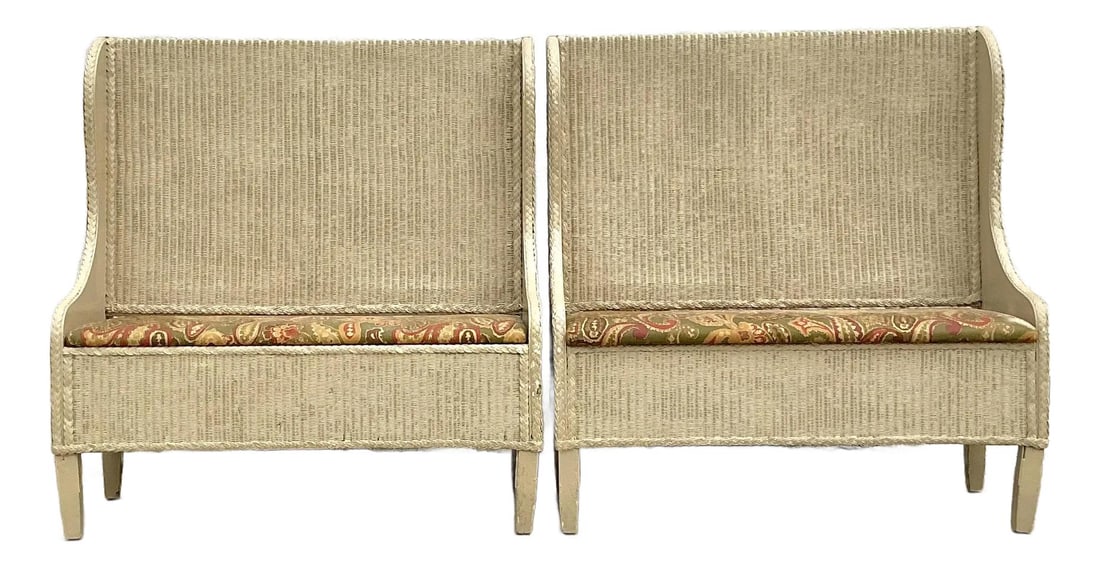 Vintage Woven Rattan High Back Benches Pair with Paisley Cushions (1 of 9)