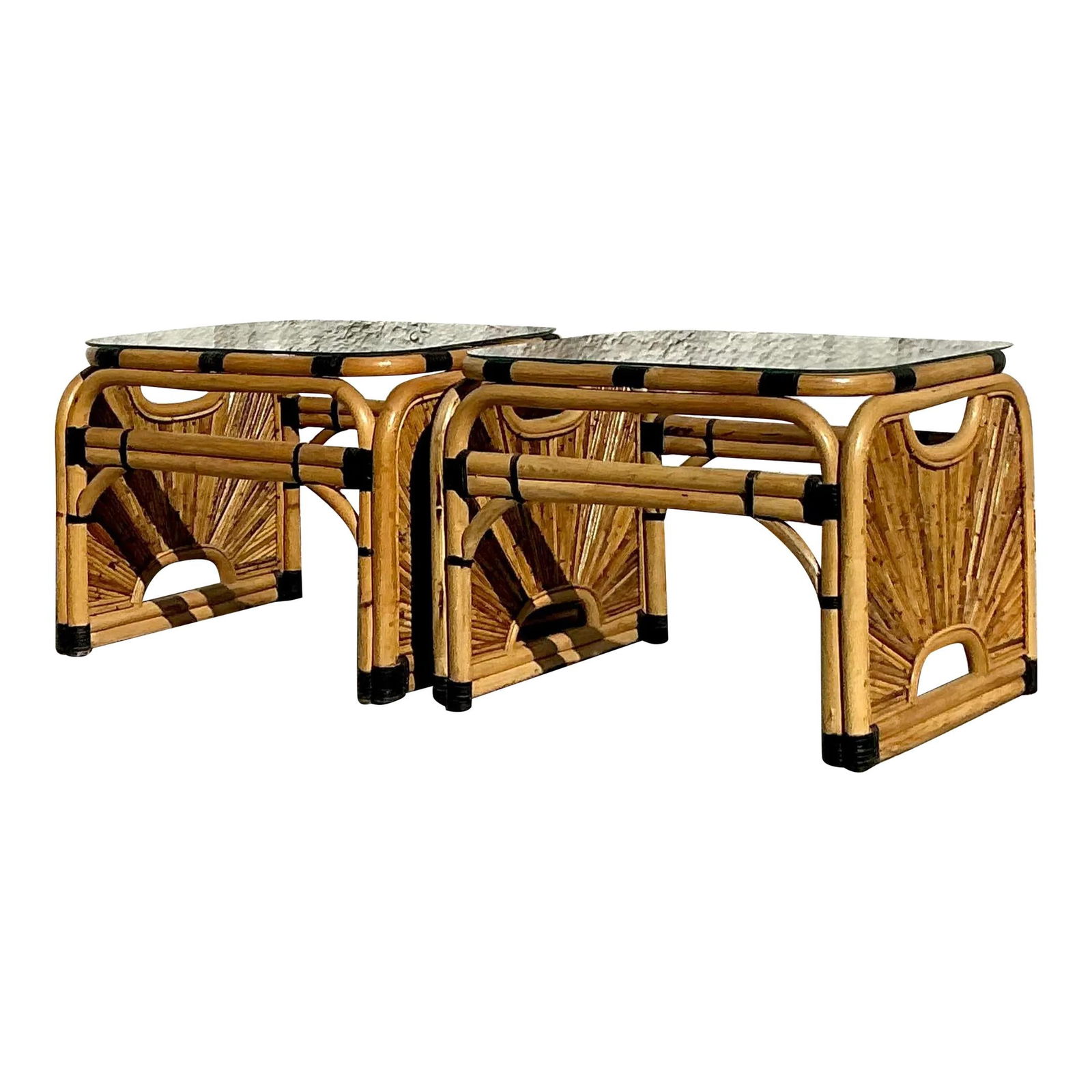 Charming Vintage Coastal Rattan Side Tables Pair with Sunburst Design (1 of 10)