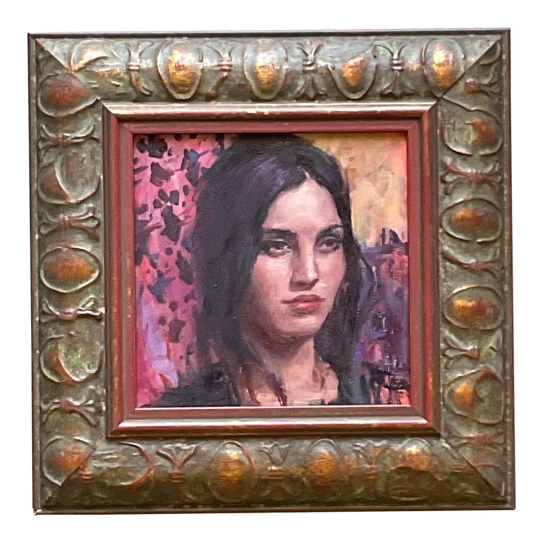 Vintage Boho Signed Original Oil Painting of Woman 10x10: Vintage Boho Signed Original Oil Painting of Woman 10x10 Discover this captivating vintage boho signed original oil painting on board, featuring a woman whose thoughtful expression draws viewers in. T