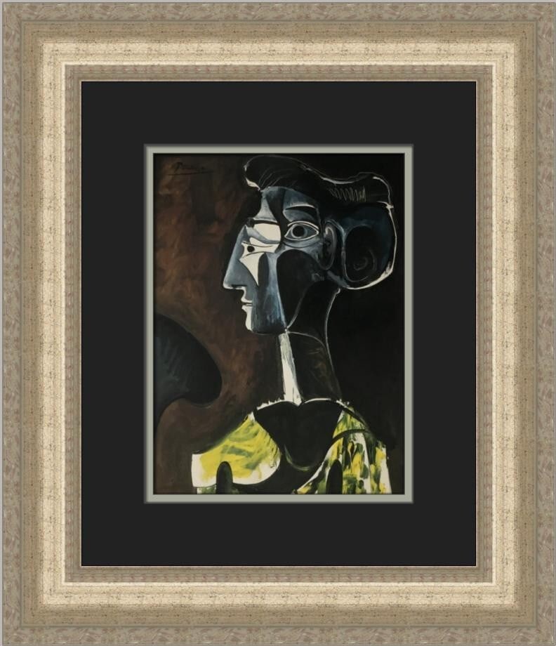 Pablo Picasso Portrait of Jaqueline Custom Framed Art Print 1996: Pablo Picasso Portrait of Jaqueline Custom Framed Art Print 1996 This striking print titled "Portrait of Jaqueline in a Large Profile" by Pablo Picasso showcases the artist's mastery in Abstract Expre