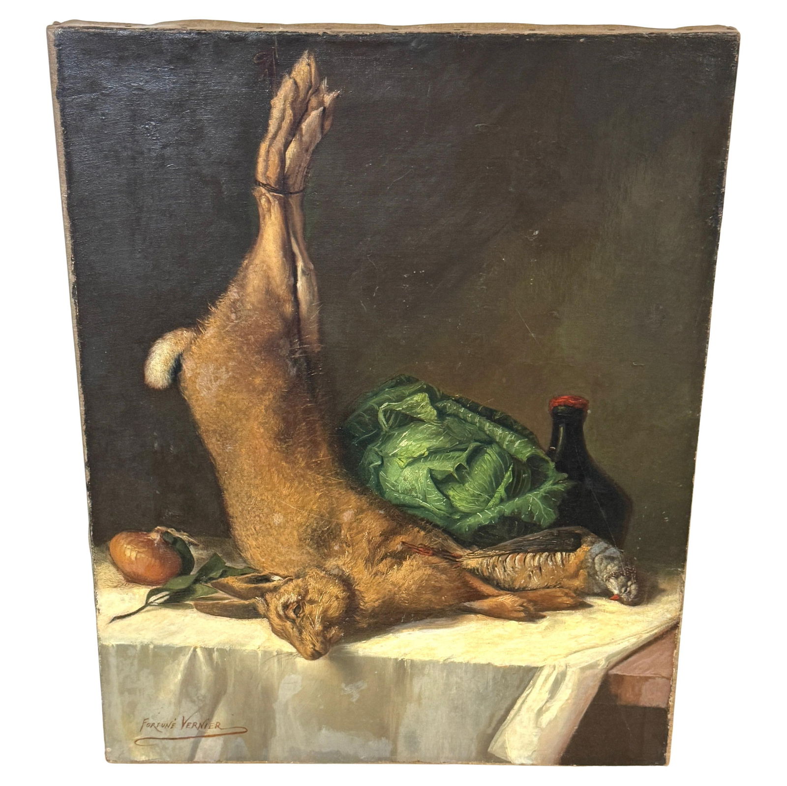 19th Century Oil Painting by Fortune Vernier Still Life with Hare and Partridge: 19th Century Oil Painting by Fortune Vernier Still Life with Hare and Partridge Experience the allure of 19th-century French art with "Still Life with Hare, Partridge, Cabbage, and Wine" by Fortune Ve