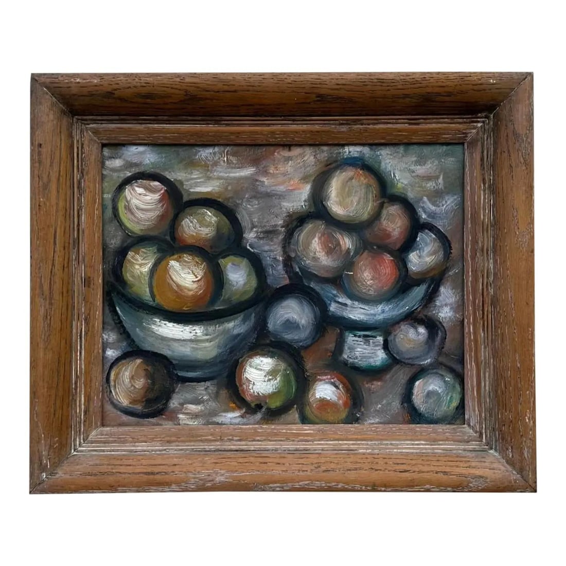 Mid Century Abstract Fruit Bowls Still Life Painting Framed on Canvas: Mid Century Abstract Fruit Bowls Still Life Painting Framed on Canvas This vintage abstract still life painting depicts two bowls filled with fruit, rendered with bold, expressive brushstrokes and thi