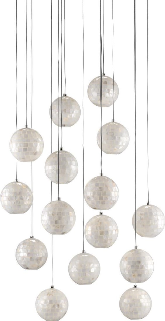 Currey Finhorn Luxury Multi-Drop Pendant 15-Light Mother of Pearl Silver: Currey Finhorn Luxury Multi-Drop Pendant 15-Light Mother of Pearl Silver Illuminate your space with this luxurious multi-drop pendant light, featuring a stunning design that combines a clear silver co