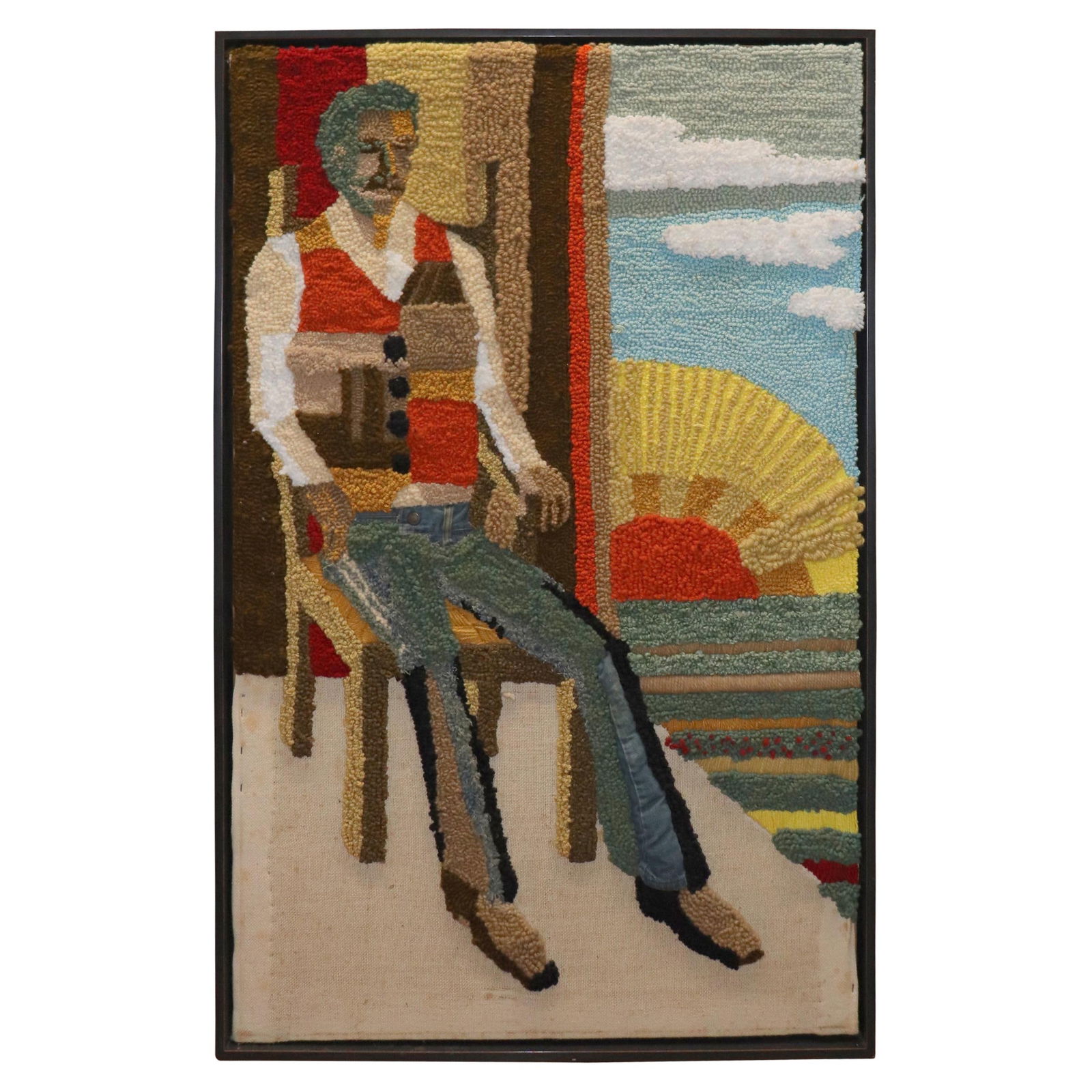 Framed American Hook Rug Wall Hanging 32 x 52 Country Style (1 of 12)