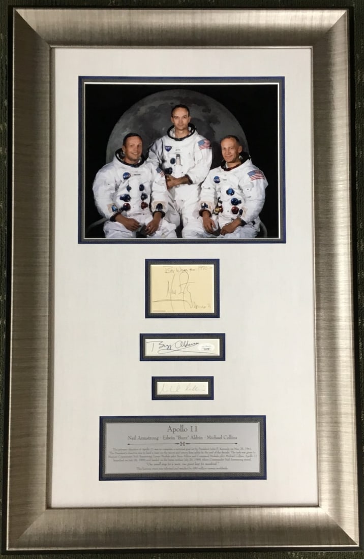 Apollo 11 Signed Display by Armstrong Aldrin Collins with Inscription JSA Authenticated (1 of 10)