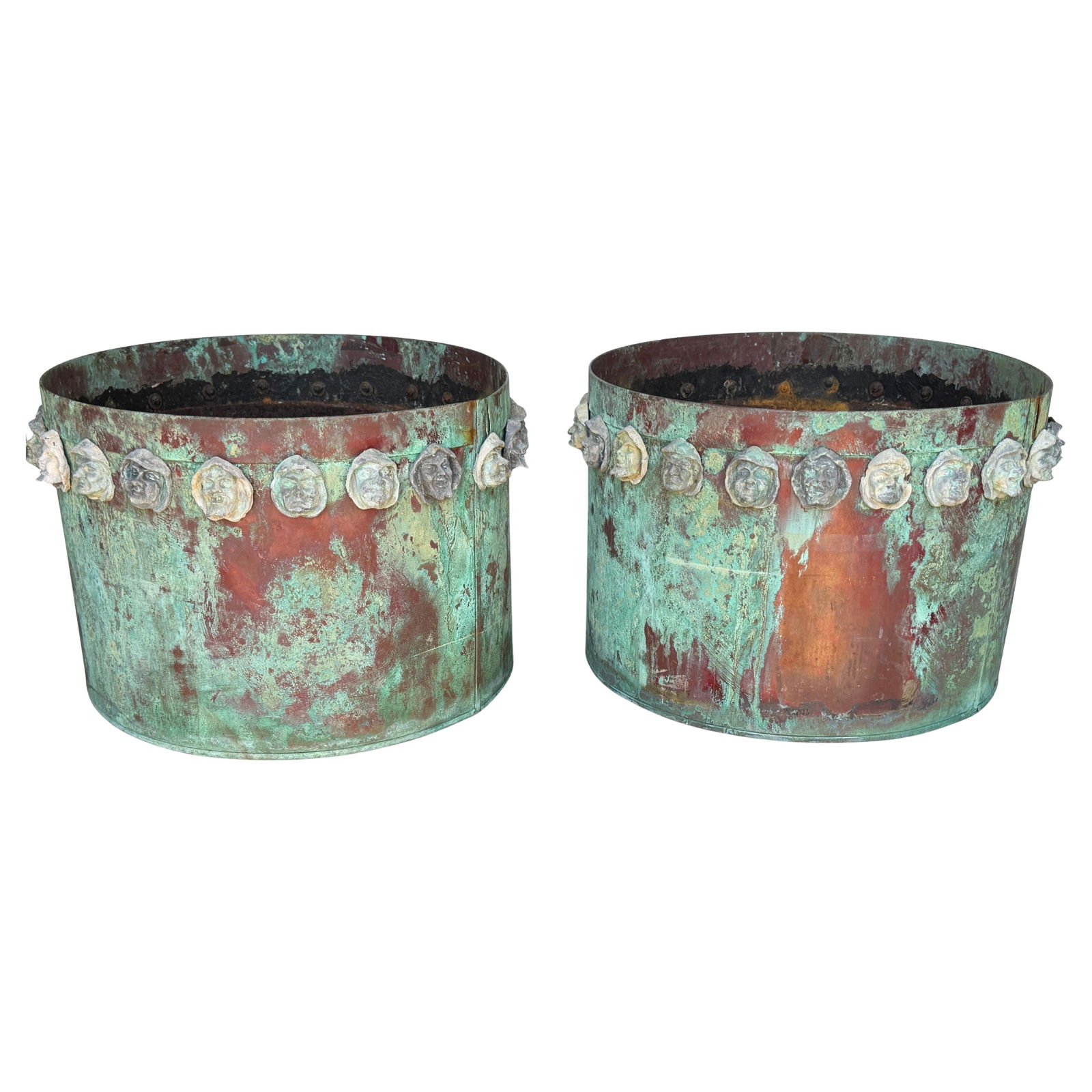 Set of Two Verdigris Copper Gothic Revival Planters with Medieval Heads Circa 1900 (1 of 18)