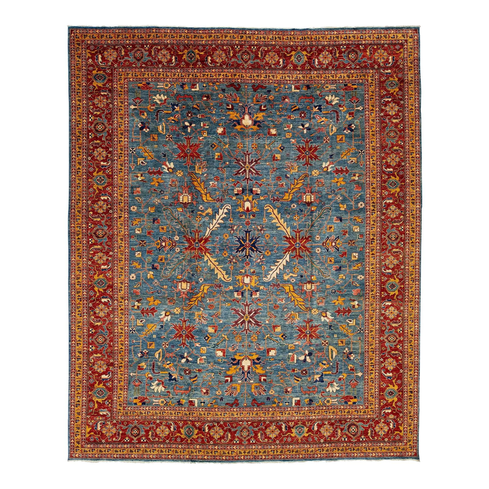 Navy Blue Serapi Style Hand-Knotted Wool Rug 12'1" x 14'9" Floral Design: Navy Blue Serapi Style Hand-Knotted Wool Rug 12'1" x 14'9" Floral Design Enhance your living space with this stunning Serapi-style hand-knotted wool rug, featuring a rich navy blue color field. The ru