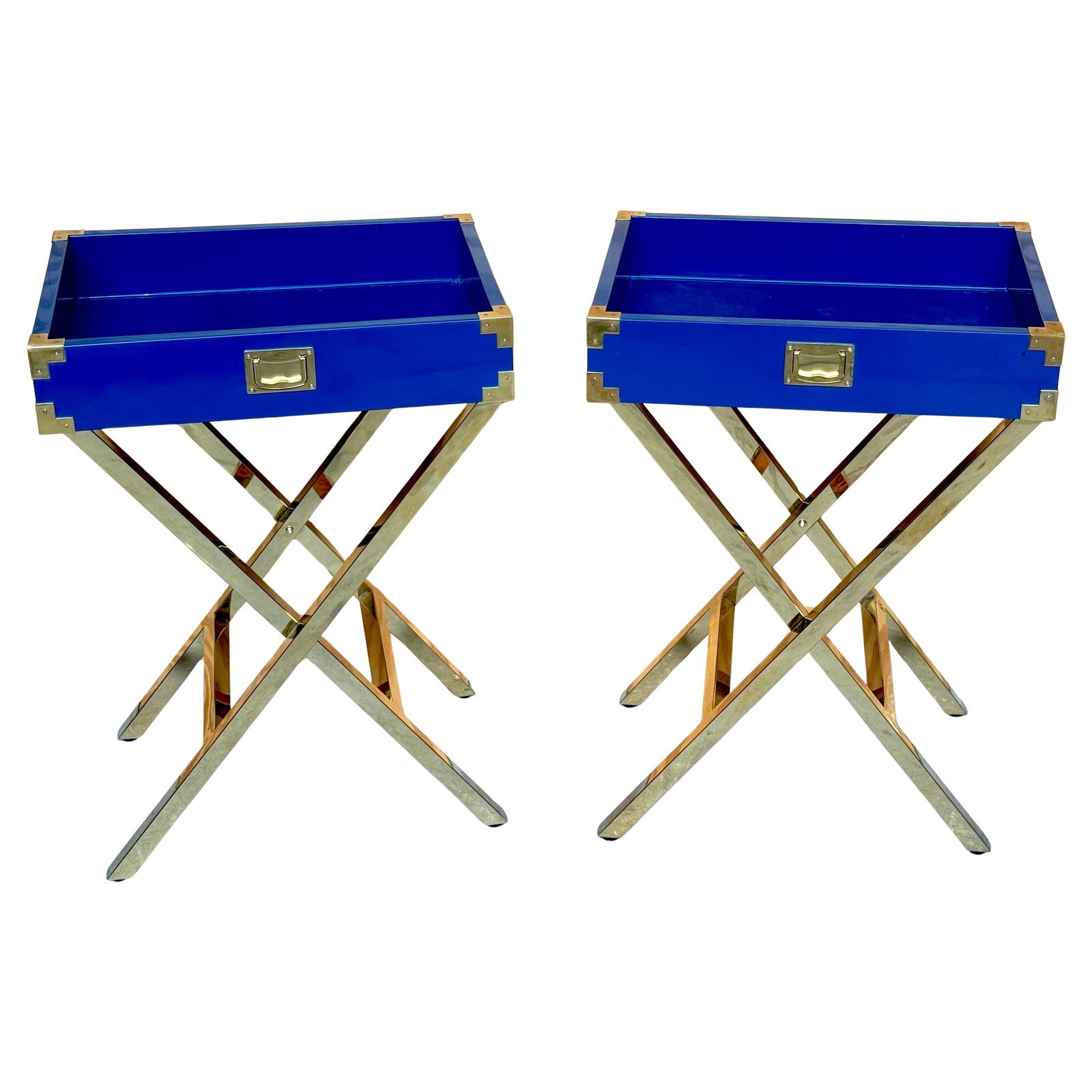 Set of 2 Modern Blue Lacquered Campaign Tray Tables by Made Goods (1 of 10)
