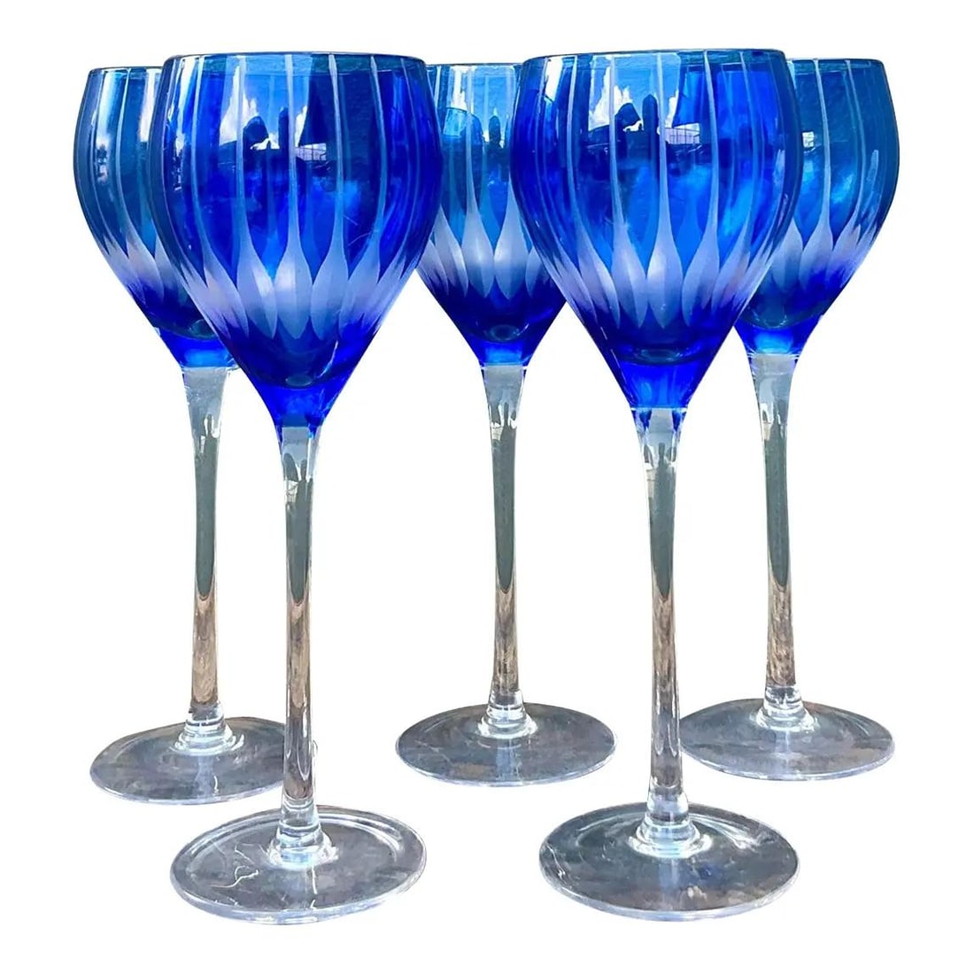 Vintage Boho Cut Crystal Blue Goblets Set of 5 (1 of 6)