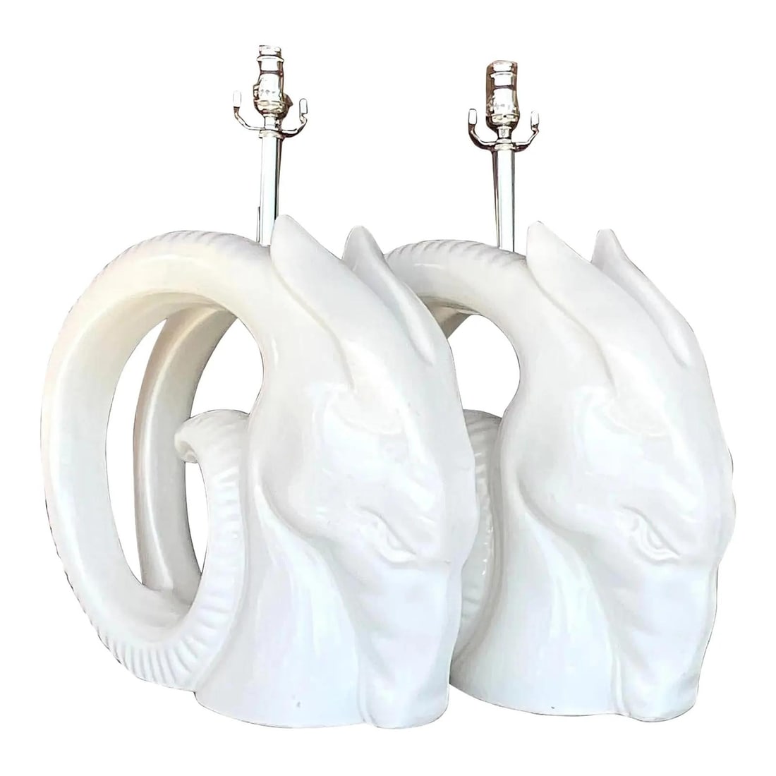 Monumental Vintage 80s Glazed Ceramic Rams Head Lamps Pair (1 of 10)